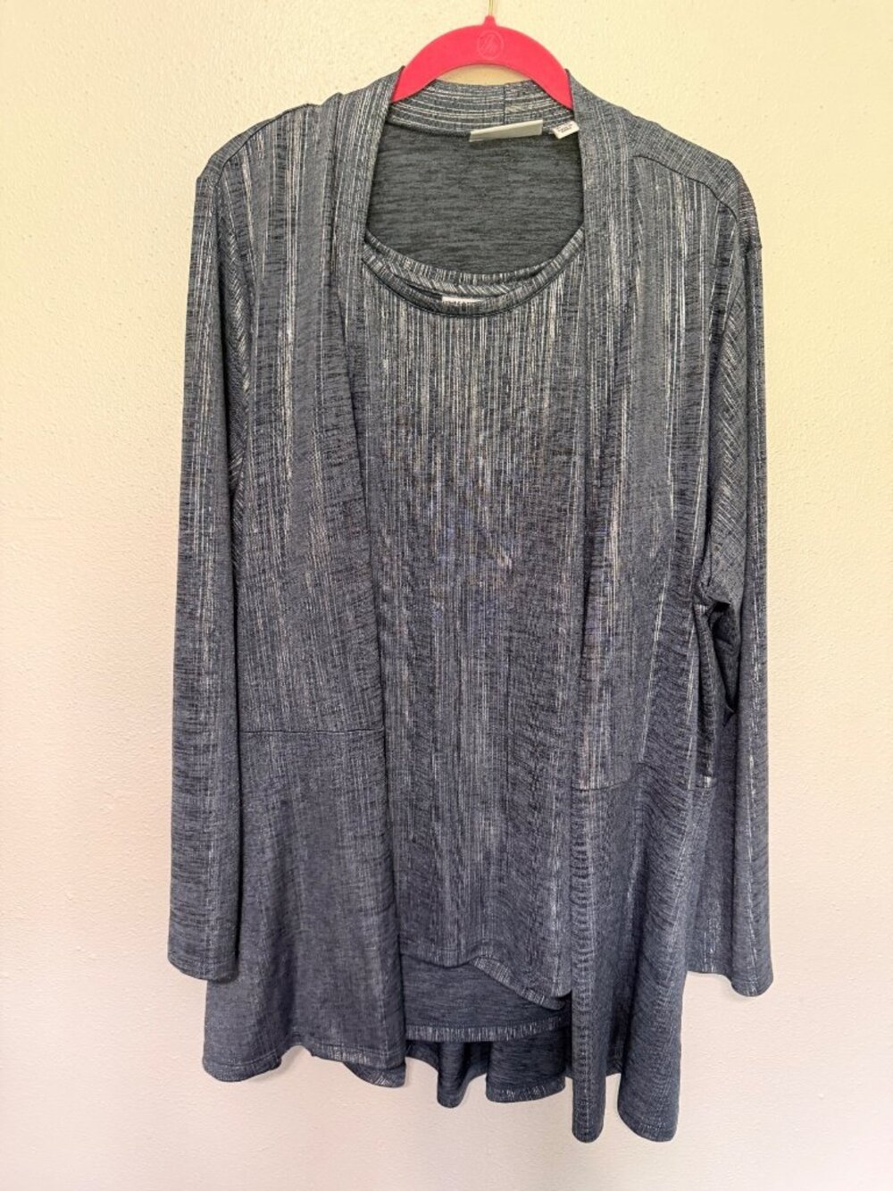 Susan Graver 2Pc Tank-Cardigan Set Blue with Metallic Pockets Seam Womans 2X